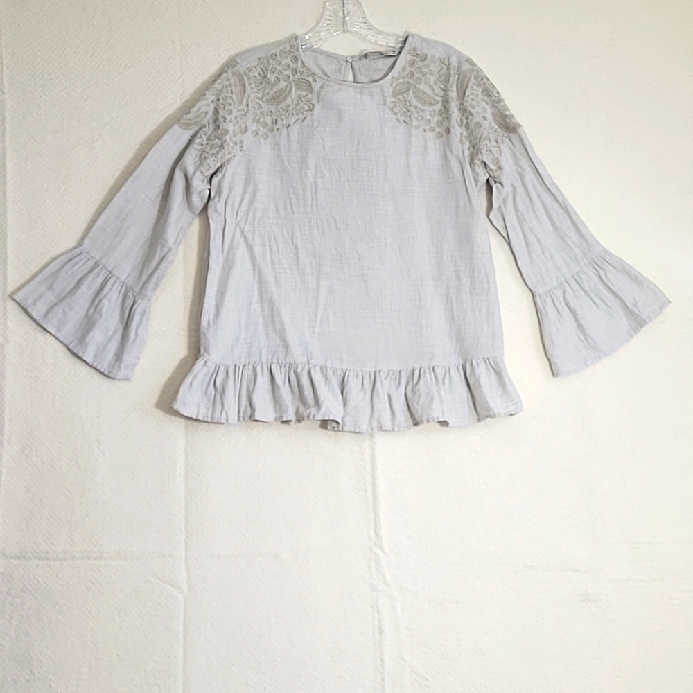Zara M Tan Embroidered Cotton Ruffle Blouse Size Medium